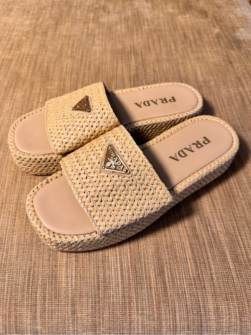 Prada Raffia Tan Platform Slides - Picture 4 of 7